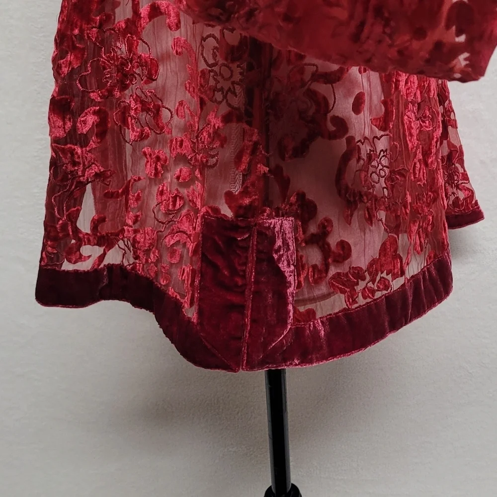 Chico's 90s Vintage Red Burnout Velvet Floral Sheer Mesh Open Front Cardi Jacket